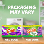 Gain laundry dryer sheets displaying the clear wrinkle release feature text on the box.