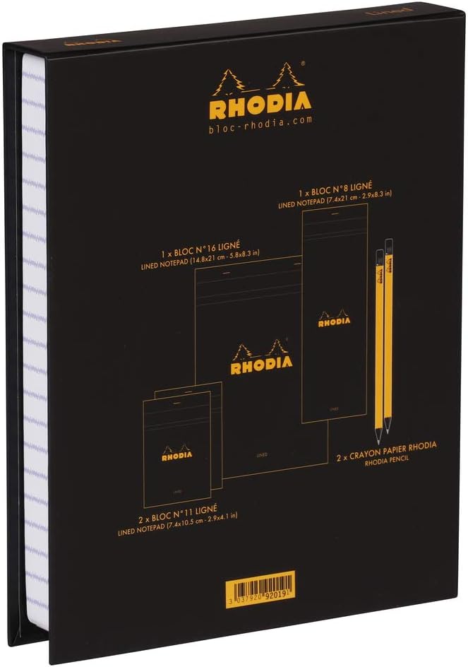 Rhodia black essentials box angled view with gold foil details