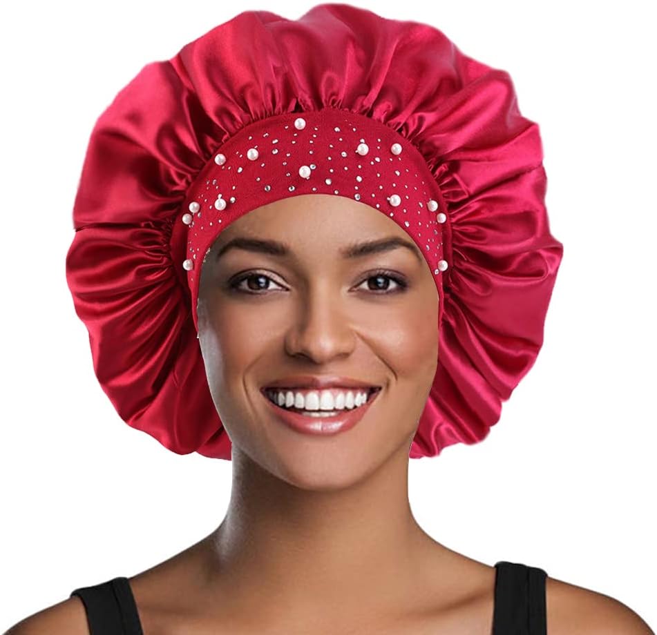 YeeMan hair bonnet front view showing pearls and rhinestones
