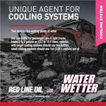 Red Line WaterWetter radiator additive bottle demonstrating universal compatibility with glycol antifreeze.
