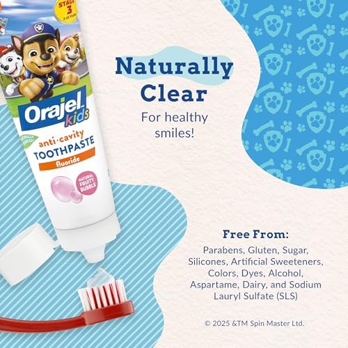 Orajel kids fluoride toothpaste packaging showing natural ingredients and age range 2-10.