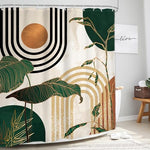 Water droplets repelling off the premium waterproof polyester fabric of the Glawry bohemian tropical shower curtain.
