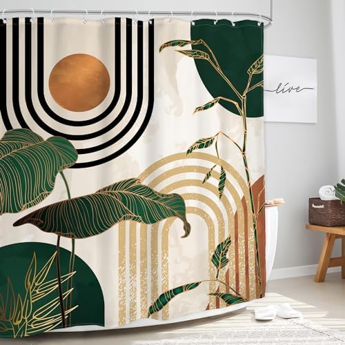 Water droplets repelling off the premium waterproof polyester fabric of the Glawry bohemian tropical shower curtain.