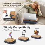 Hands-free tablet desk featuring a flexible arm rotating three hundred sixty degrees with a large tablet attached over a couch