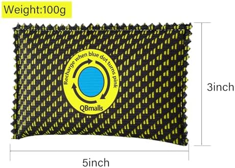 Silica gel dehumidifier bag showing blue humidity indicator dot