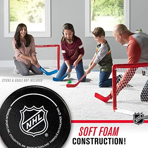Franklin Sports vinyl coated mini hockey pucks three pack packaging close up