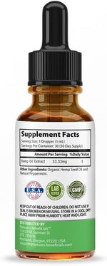Organic hemp oil extract with Omega 3 6 9 labeling