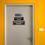 All Quality red and gold electrical room wall sign angled view