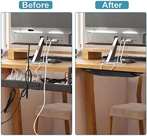 Under table flexible cord hider net attached to a modern wooden computer workspace