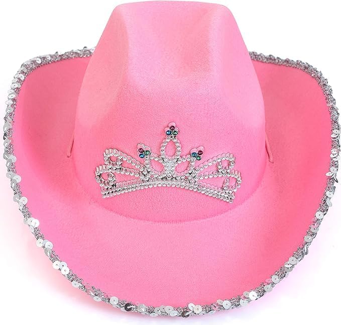 Skeleteen pink cowgirl hat with silver crown tiara front view