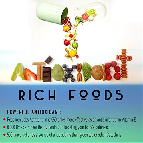 Research Labs Astaxanthin 12mg supplement bottle showing ingredient facts and organic coconut oil blend.