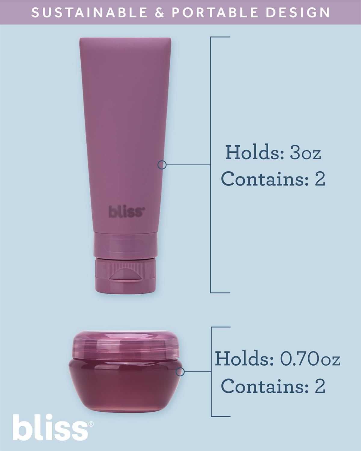 Bliss travel size pump and spray bottles for skincare lotions and toners.