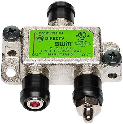 DIRECTV satellite signal divider showing the red direct current power passing port