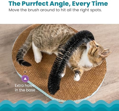 Catstages orange cat scratcher demonstrating how the adjustable bristle brush detaches from the base.