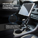 Adjustable car tablet cradle showing the heavy-duty aluminum arm and dual rotation locking joints.
