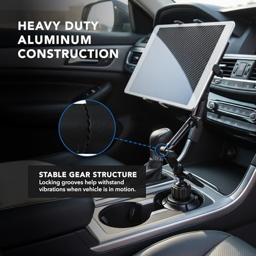 Adjustable car tablet cradle showing the heavy-duty aluminum arm and dual rotation locking joints.