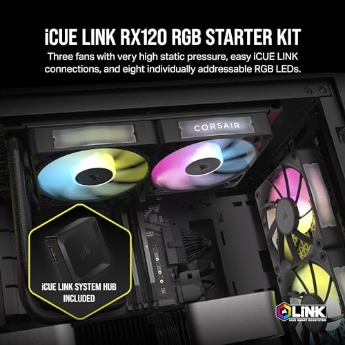 Corsair iCUE Link RX120 RGB cabinet fan showing the built in side frame window for multi angle viewing.