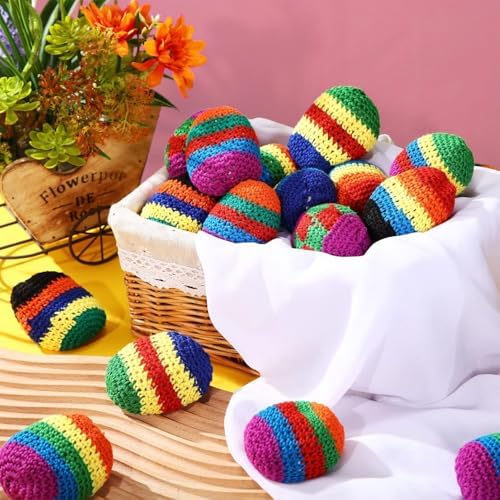 Handcrafted tribal cotton footbag kick sack showing durable close up woven stitching.