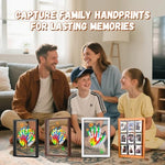 Personalized family memory frame with four transparent acrylic sheets showcasing parental and child handprints.