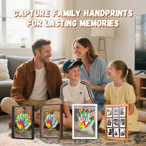 Personalized family memory frame with four transparent acrylic sheets showcasing parental and child handprints.