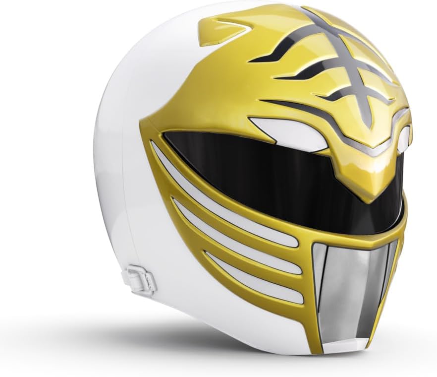 Hasbro White Ranger collector helmet mounted on display stand