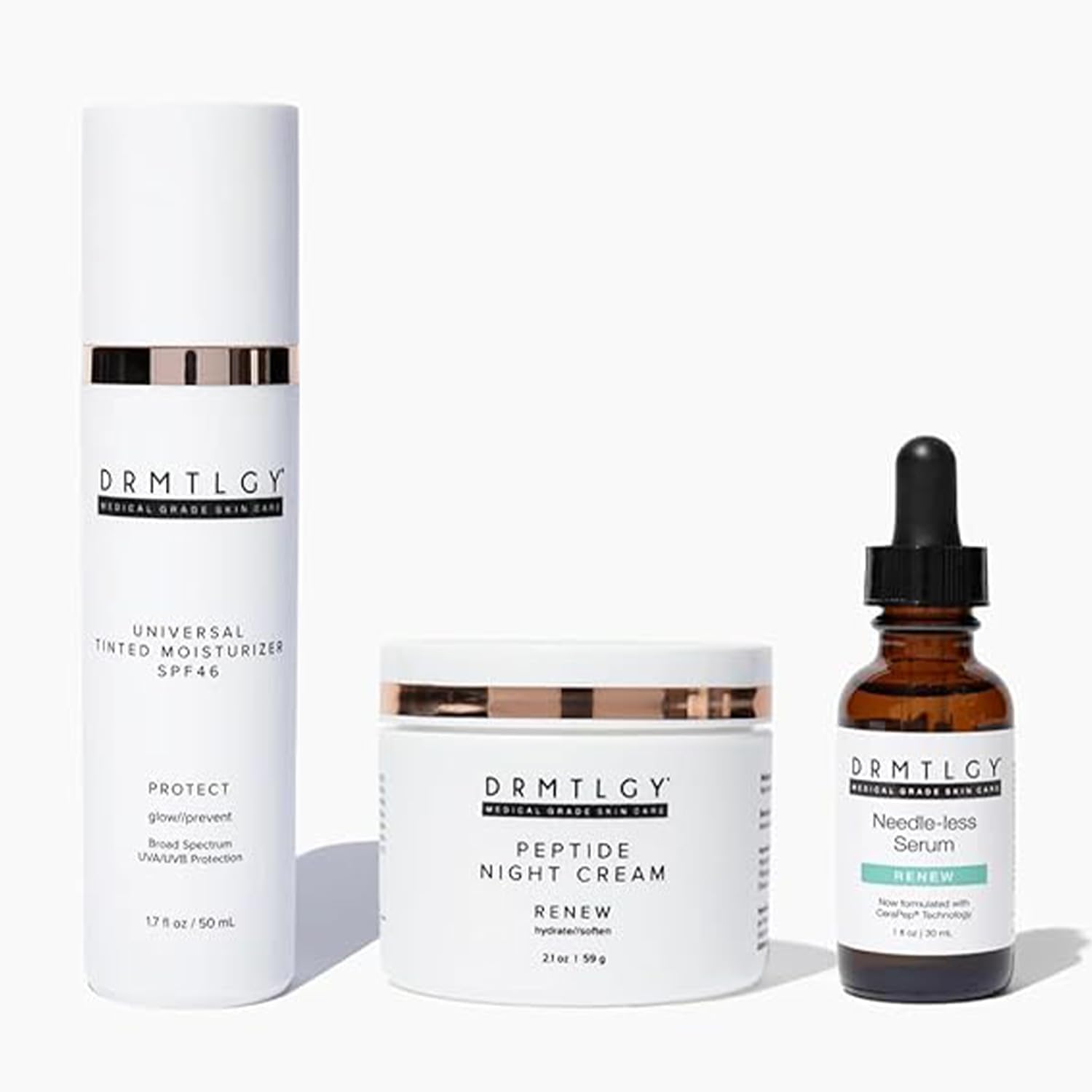 DRMTLGY Anti-Aging Trio featuring needle-less serum and peptide cream moisturizer