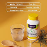 Close-up of the allergen information and ingredients list on the Healthy Origins Pycnogenol 150 mg bottle.