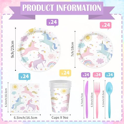 Pastel rainbow unicorn plates and napkins set for birthday party