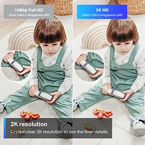 Compact white smart baby monitor camera with visible microphone and speaker for two way audio.