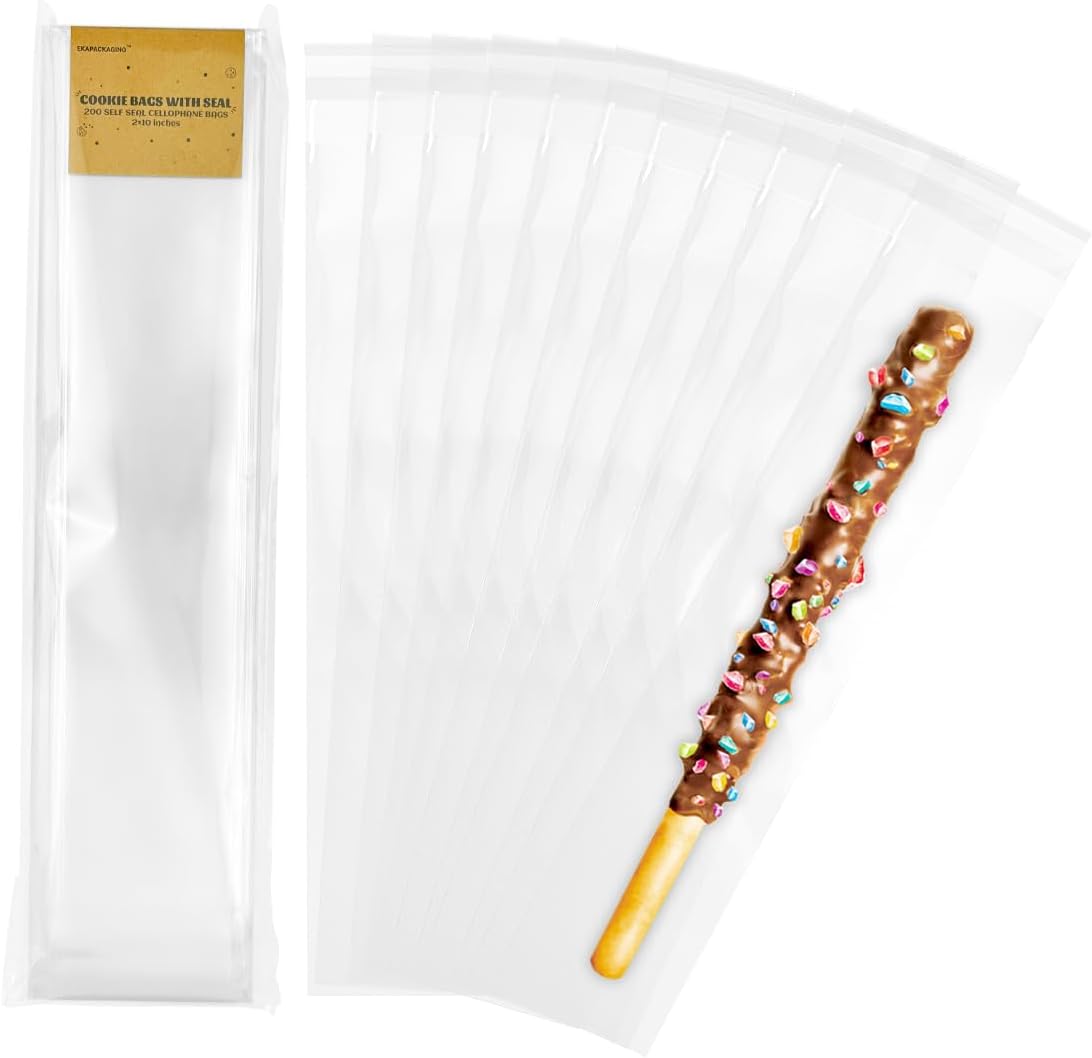 EKAPACKAGING Clear Self Sealing Cellophane Bags front view showing transparent packaging for pretzel rods.