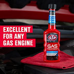 Side view of STP Gas Treatment highlighting compatibility with capless fuel systems