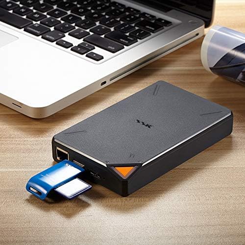 SSK external hard drive packaging box contents including the wireless storage unit and USB charging cable