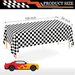 Two pack racing car theme plastic table covers spread out for outdoor picnic decorations.