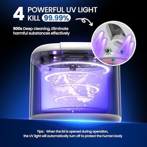 Moeila portable denture cleaner device with blue UV sterilization lights active inside the cleaning chamber