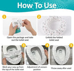 Soft and breathable travel toilet seat shield being placed on a restroom seat