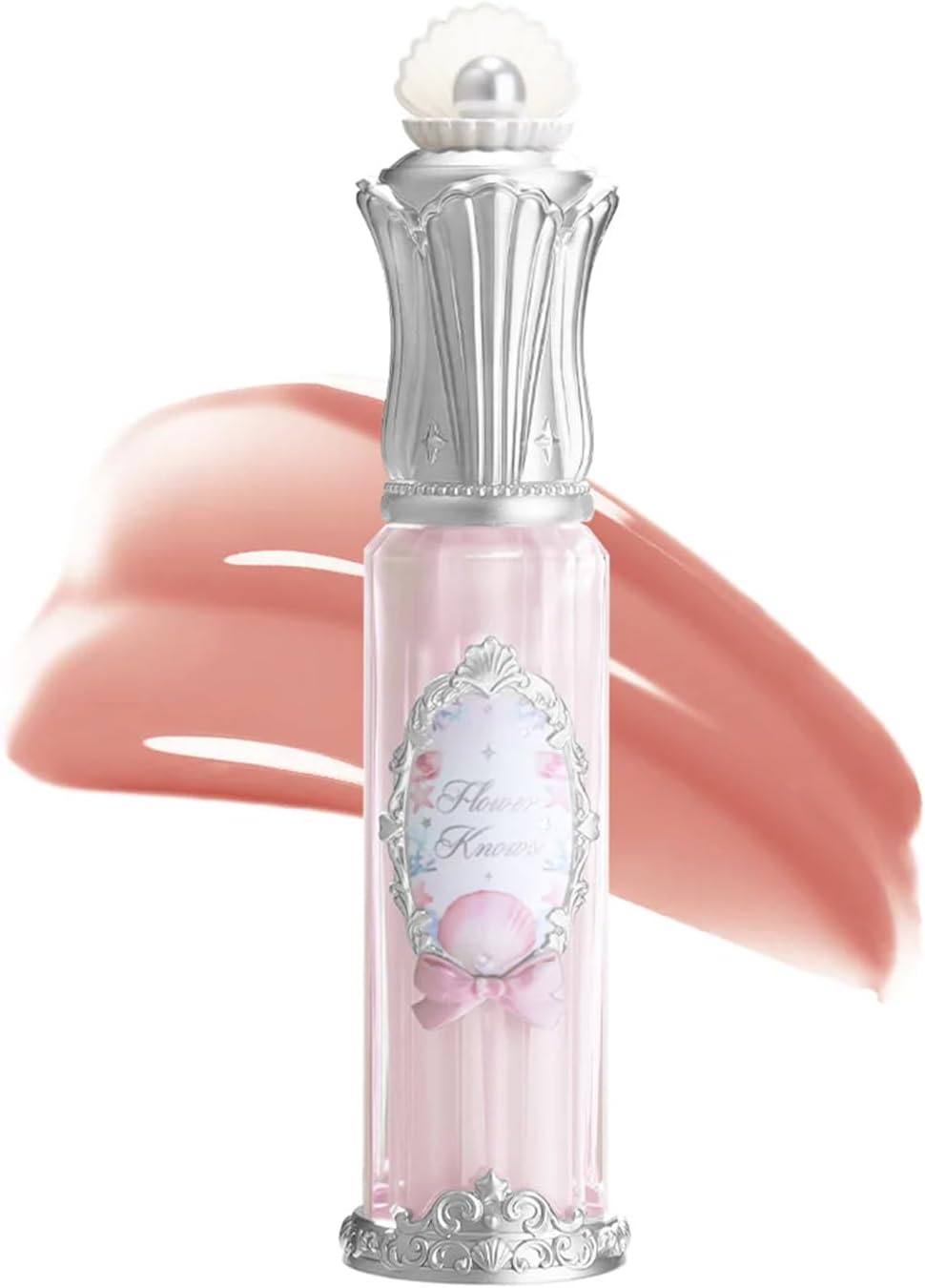 Flower Knows Shell's Jewel Nourishing Lip Glaze in P01 Champagne Pearl front view with silver carved lid