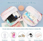 Open menstrual pouch showing internal compartments for tampons and napkins