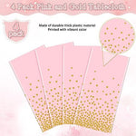 Package of four pink and gold rectangular disposable table covers