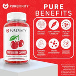 Side view of Purefinity Tart Cherry supplement bottle with ingredient list
