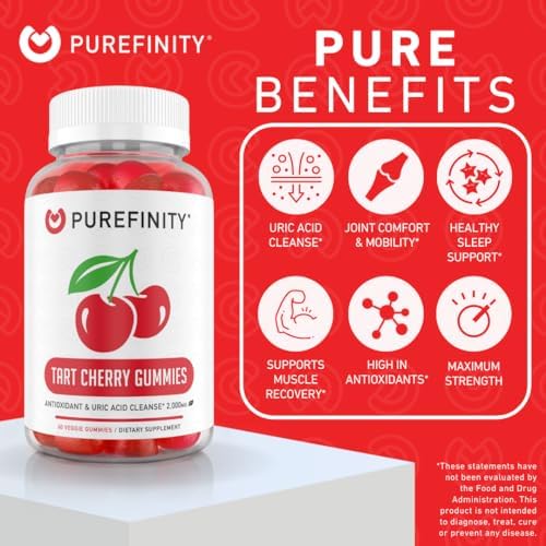 Side view of Purefinity Tart Cherry supplement bottle with ingredient list