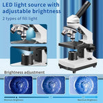 Microscope kit for students showing the battery compartment and dual power source configuration options