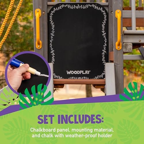 Backyard playset modification kit featuring Jack and June chalkboard panel close up
