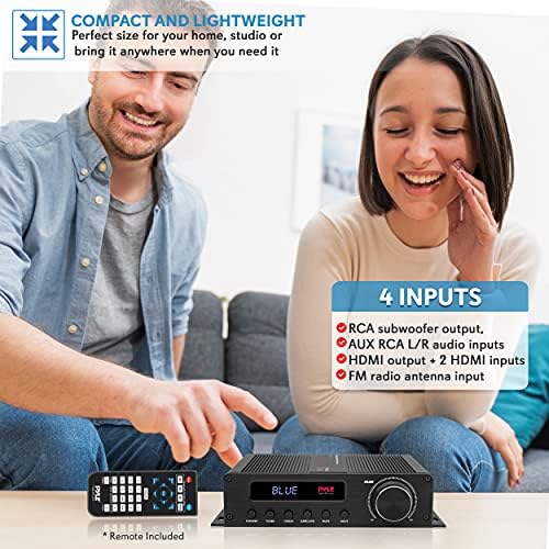 Pyle home audio receiver media setup showcasing HDMI and auxiliary input options