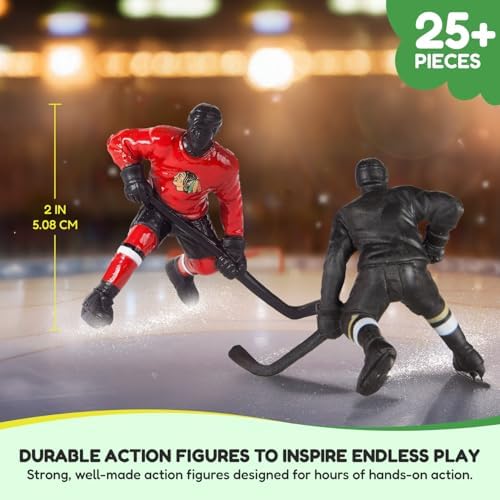 Tabletop setup of the hockey toy rink with goals and interlocking boards being used as a coaching tool.