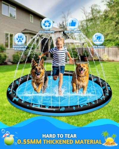 Sixty seven inch outdoor water sprinkler play mat showing thick zero point five five millimeter durable rim