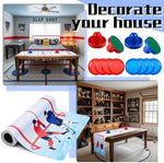 Ice themed fabric table runner laid out for indoor tabletop sports game.