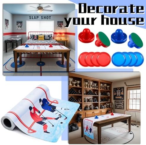Ice themed fabric table runner laid out for indoor tabletop sports game.