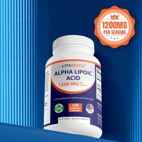 Vitamatic Alpha Lipoic Acid 1200mg capsules displayed next to the authentic USA manufactured packaging