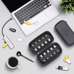Open hard shell thumb drive holder displaying two flaps with internal elastic slots.
