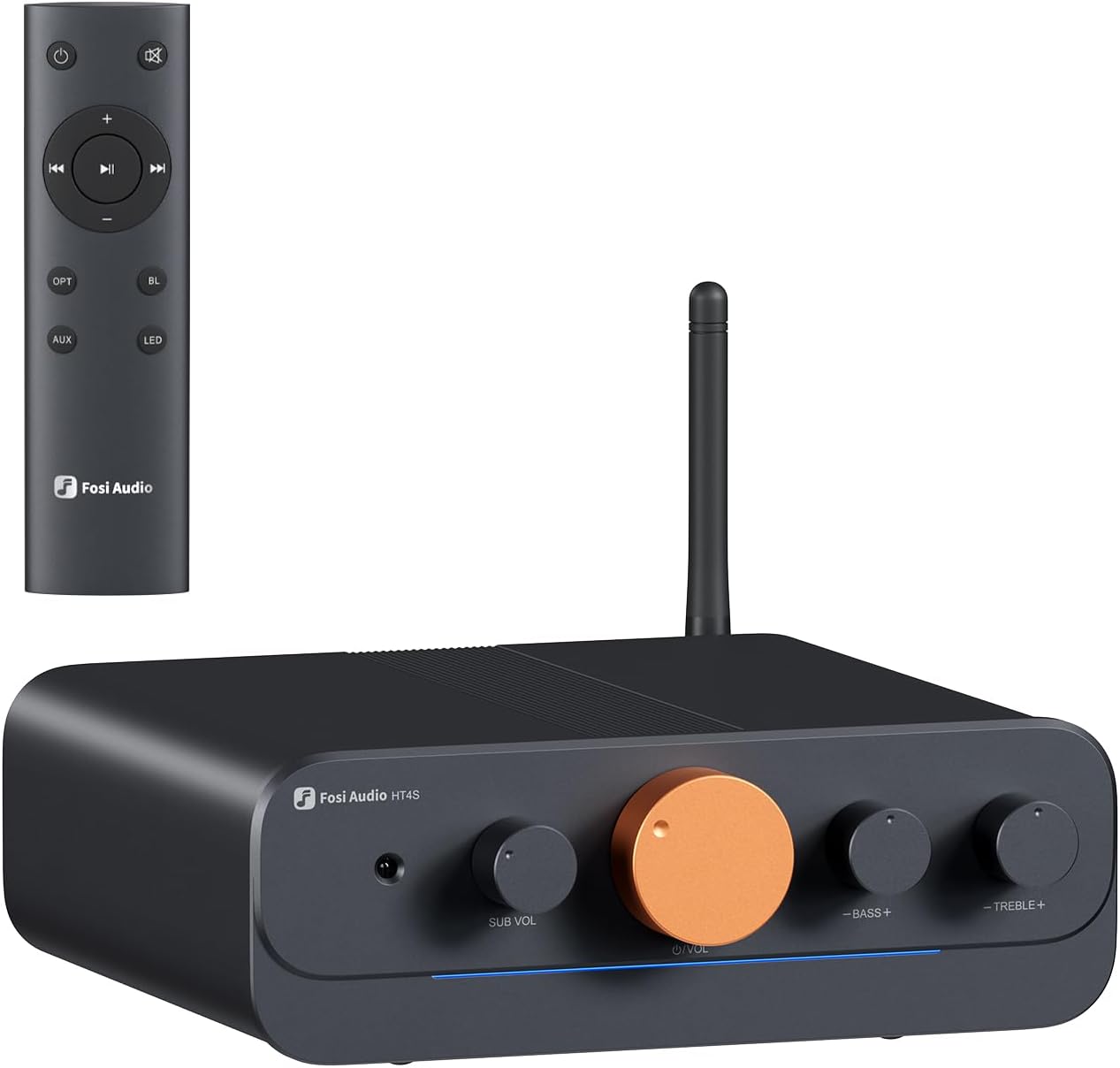 Fosi Audio HT4S Bluetooth Multichannel Amplifier front view showing the signature orange volume control knob.